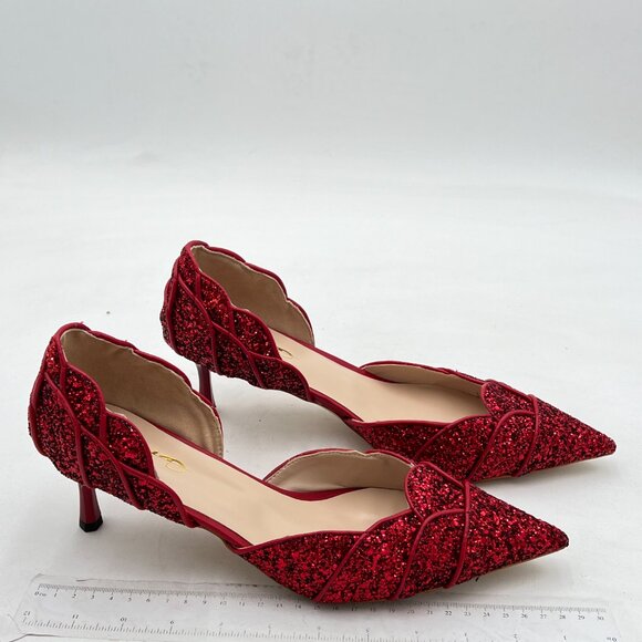 XYD Burgundy Glitter Pointed Toe D'Orsay Kitten Heel Wedding Shoes - Picture 4 of 8